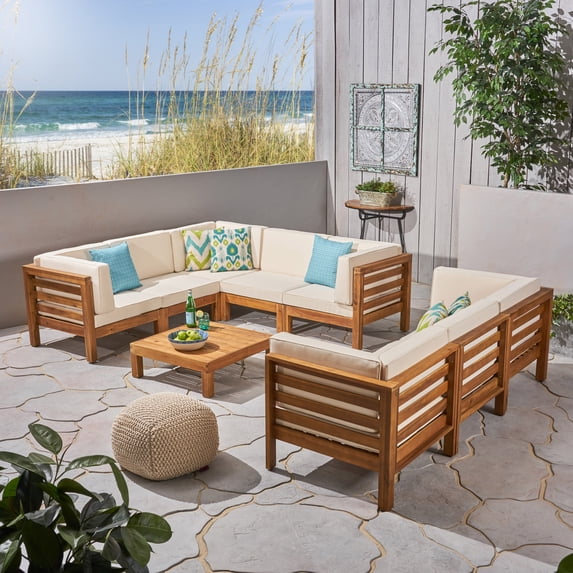 Frankie Outdoor 9 Piece Acacia Wood Sectional Sofa Set with Coffee Table and Cushions, Teak, Beige