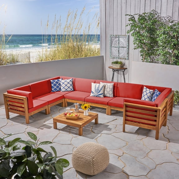 Noble House Oana 9pc U-Shaped Sectional Sofa Set Cushion Teak/Red