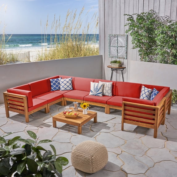Noble House Oana 9pc U-Shaped Sectional Sofa Set Cushion Teak/Red