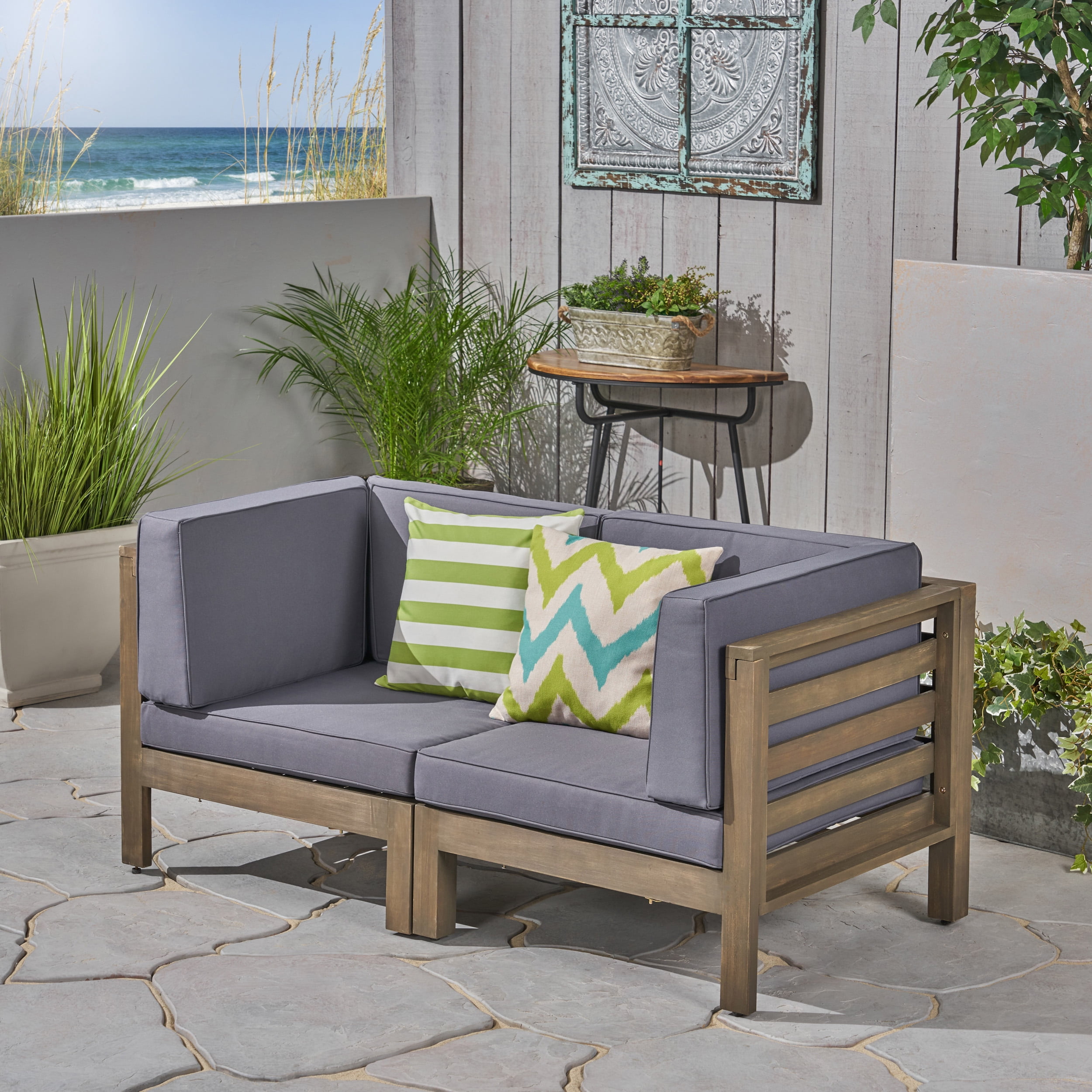 Frankie Outdoor Acacia Wood Sectional Loveseat with Cushions, Gray, Dark Gray