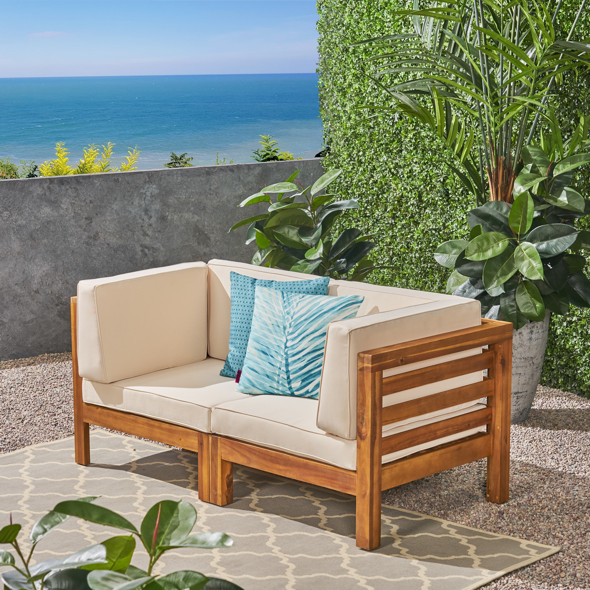 Frankie Outdoor Acacia Wood Sectional Loveseat with Cushions Teak Beige Walmart