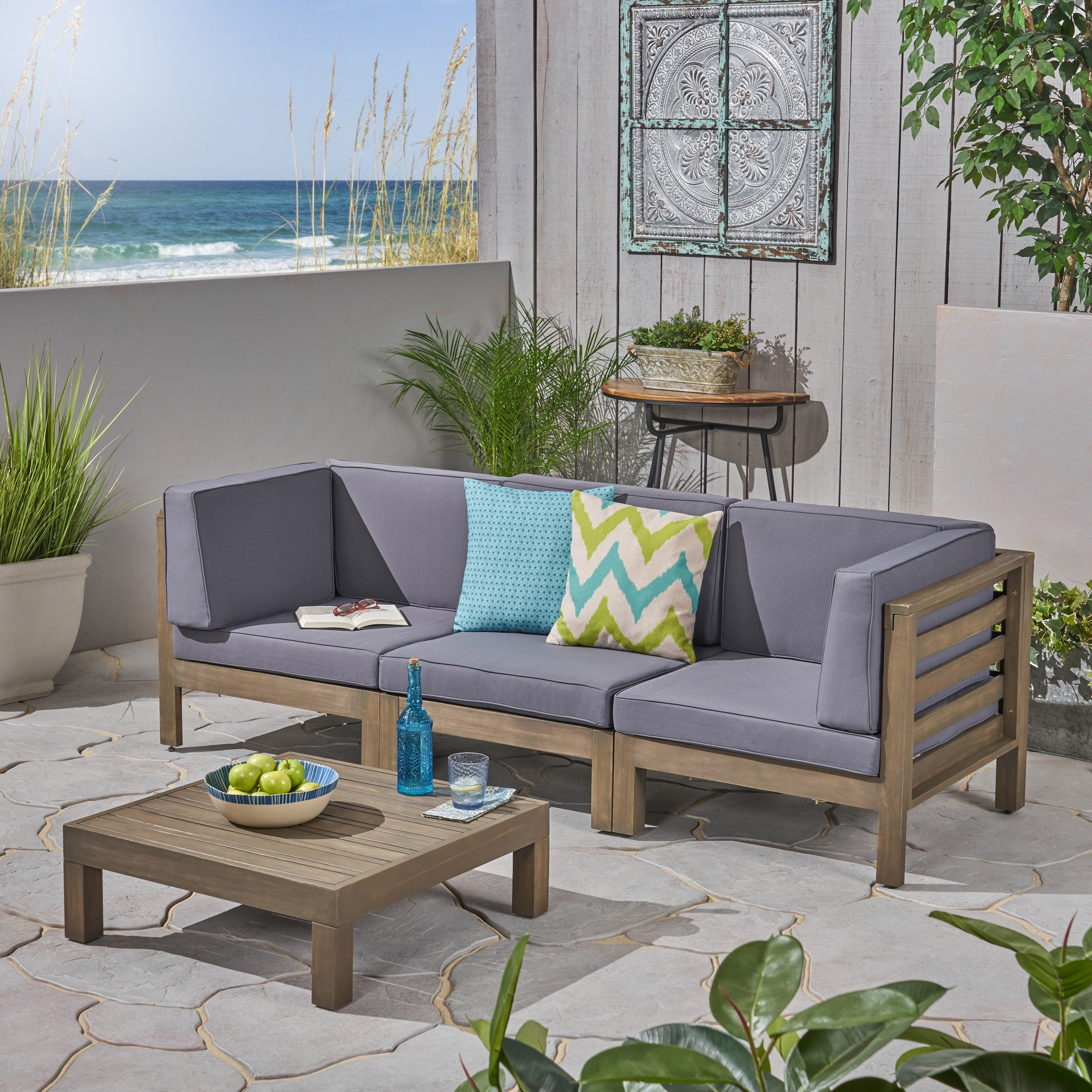 Frankie Outdoor Acacia Wood Sectional Sofa and Coffee Table Set with Cushions, Gray, Dark Gray