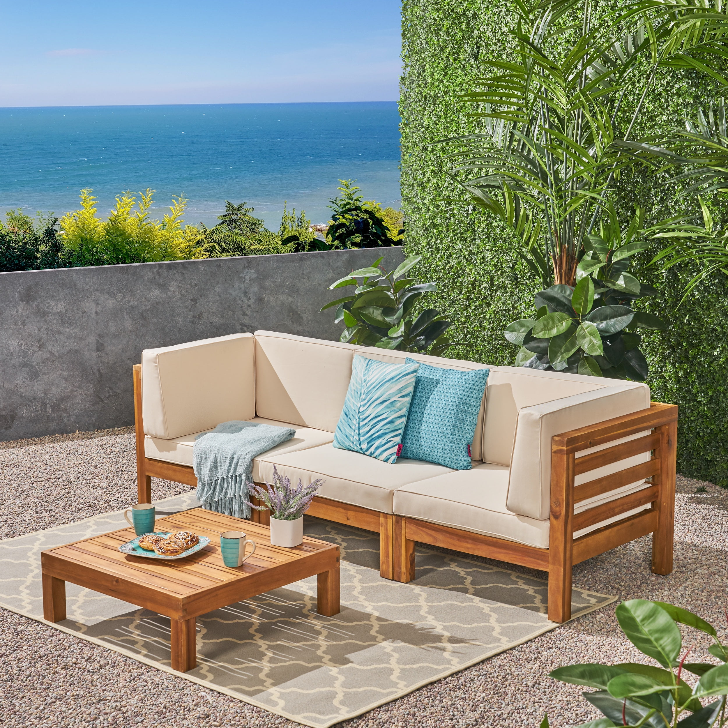 Frankie Outdoor Acacia Wood Sectional Sofa and Coffee Table Set