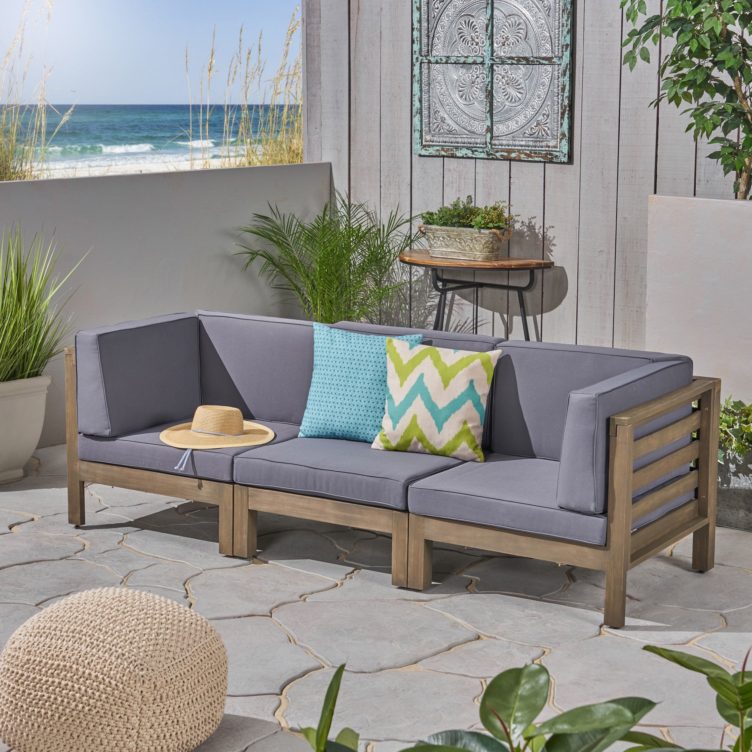 Frankie Outdoor Acacia Wood Sectional Sofa with Cushions, Gray, Dark Gray