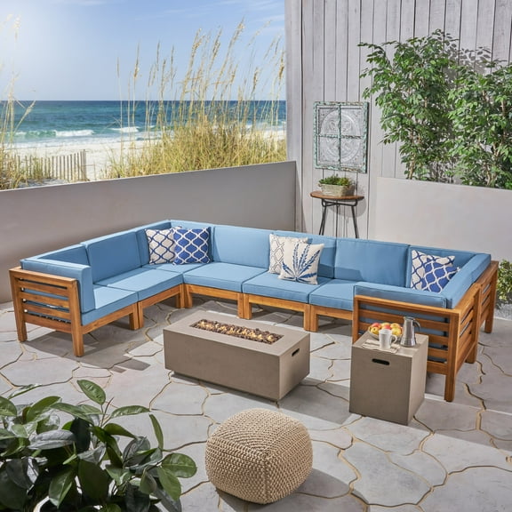 Frankie Outdoor U-Shaped 8 Seater Acacia Wood Sectional Sofa Set with Fire Pit, Teak, Blue, and Light Gray
