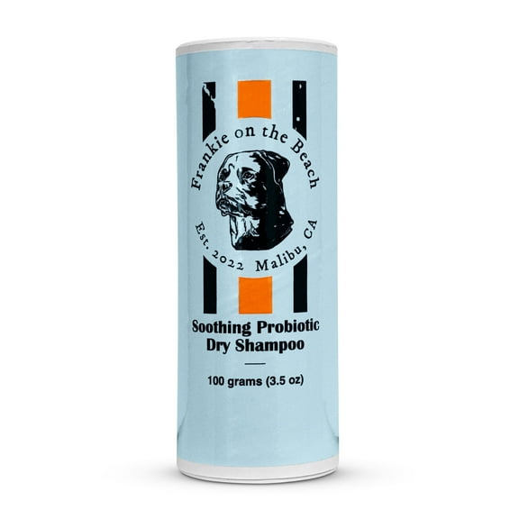 Frankie on the Beach Soothing Probiotic Dry Shampoo for Dogs, Coconut & Pina Colada Scent, Biodegradable Powder in Bottle