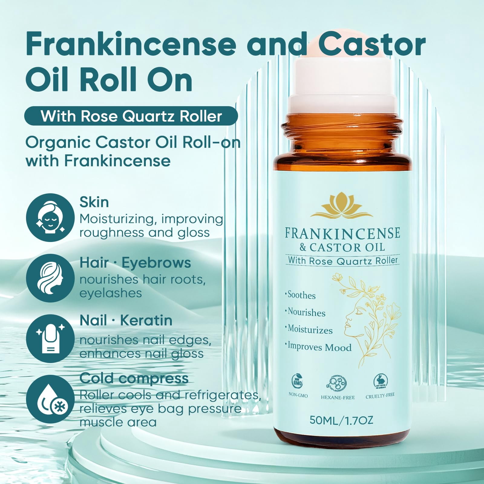 Frankincense and Castor Oil, Castor Oil Roll On with Rose Quartz, 100% Pure, Organic, Cold-Pressed, Firms Skin, Reduces Fine Lines & Hormone Balance, Suitable for Face, Neck, Abdomen.(1 Set)