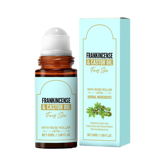 Frankincense Castor Oil Rose Roll On for Skin, Hydrating Nourishing Balm for Fine Lines, Soothing Anti Aging Treatment for Face, Bottle with Steel Ball for Daily Massage
