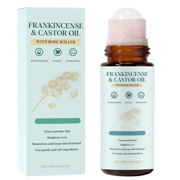 Frankincense Essential Oil,Essential Oils For Skin,Frankincense and Castor Oil Rose Quartz Roller,Organic Cold-Pressed Castor Oil Roll-On with Removable Rose Quartz(50ml/1.69fl.oz)