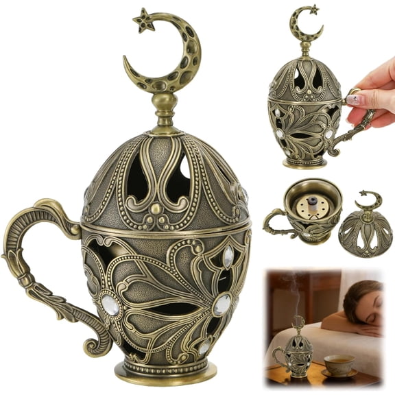 Frankincense Resin Incense Burner, Metal Charcoal Incense Censer with Handle, Vintage Bakhoor Herb Burner, Cone Coil Holder for Yoga Spa Aromatherapy Meditation, Decor for Home Office, Bronze
