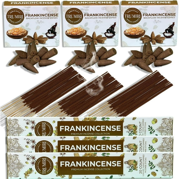 Frankincense Scented Incense Sticks & Backflow Incense Cones for Waterfall Combo Pack - 60 Insence-Sticks + 30 Backflow Cones - Insents - Incense Waterfall Cones - Inscense