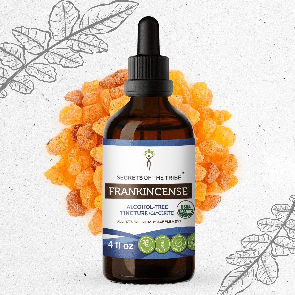 Secrets Of The Tribe Frankincense Organic Dietary Supplement, Natural Herbal Tincture for Immune Support, Certified Organic Frankincense (Boswellia resin) Dried Resin, Alcohol-Free Extract Drops 4 oz