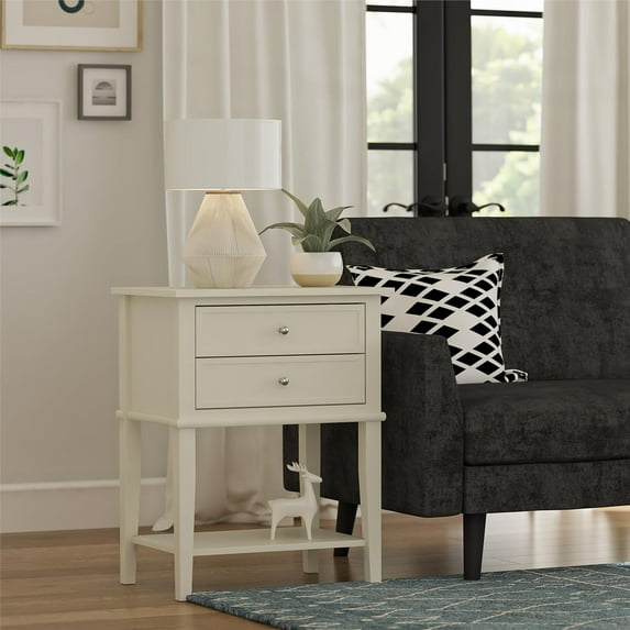 Desert Fields Eclectic Boho Accent Table with 2 Drawers, Soft White