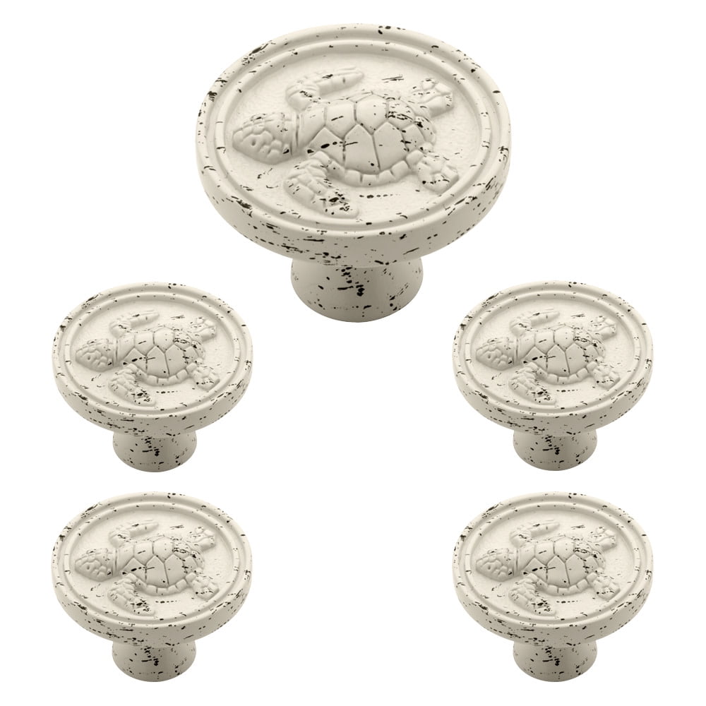 Distressed White Round Turtle Cabinet Knobs with Mounting Hardware, Set of 5