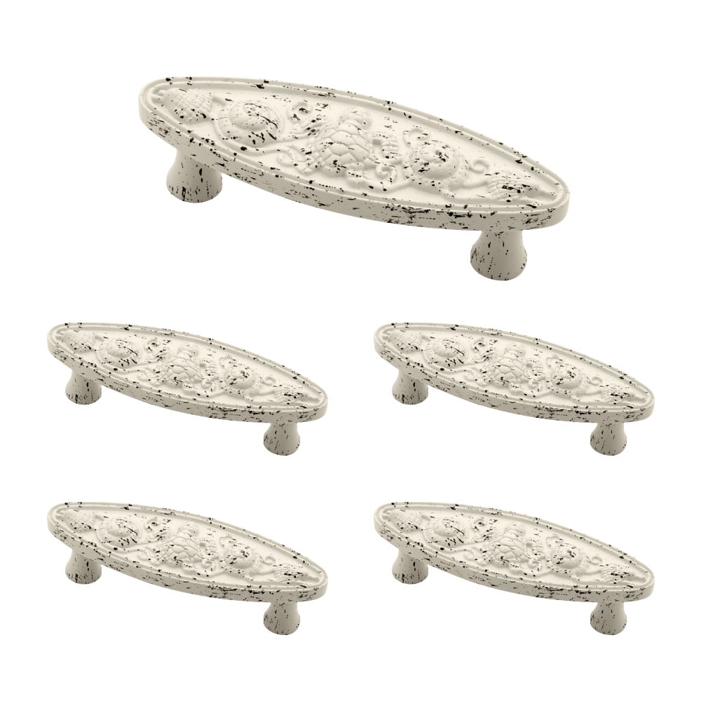 Vintage Antique White Brass Oval Cabinet Pulls, 5-Pack