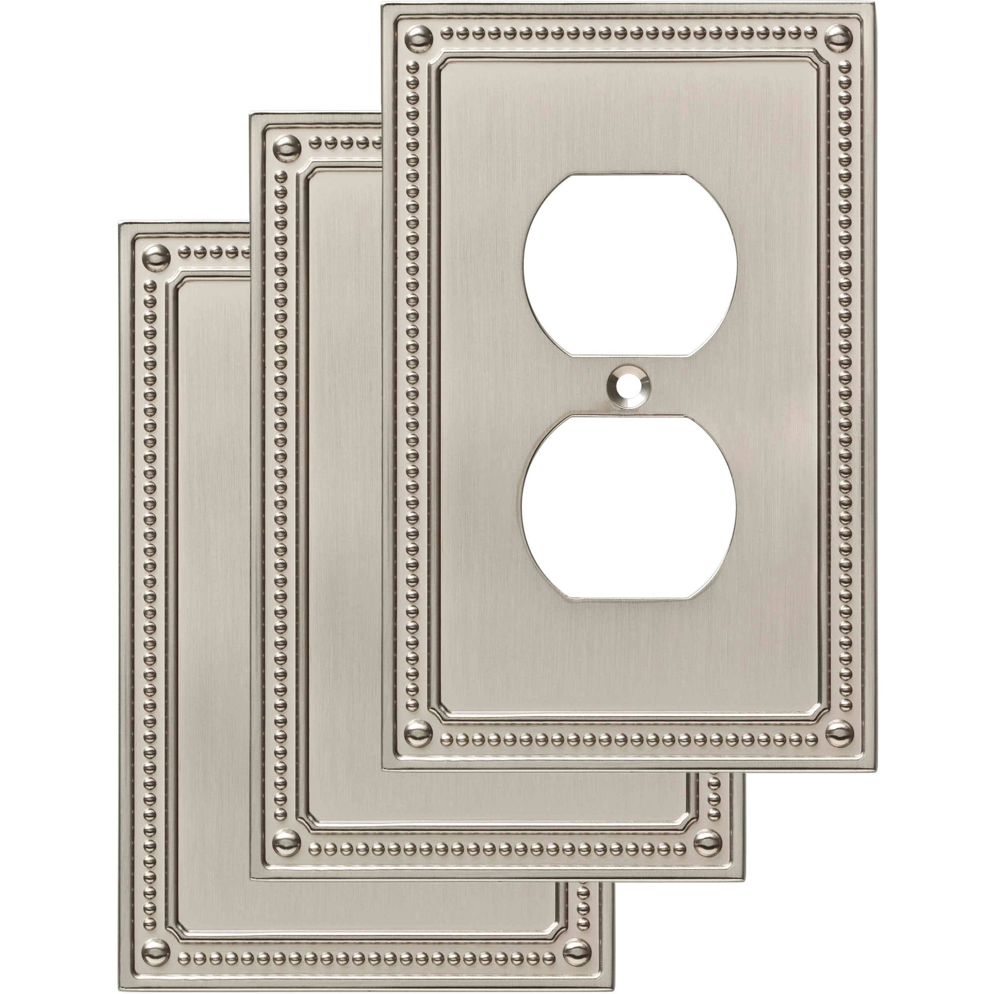 Brushed Nickel Beaded 1-Gang Duplex Outlet Wall Plate