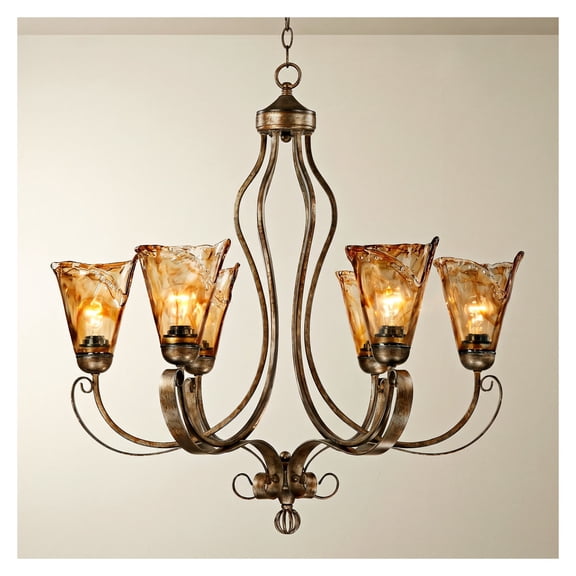 Franklin Iron Works Amber Scroll Golden Bronze Large Chandelier 31 1/2" Wide Rustic Art Glass 6-Light Fixture for Dining Room House Kitchen Island