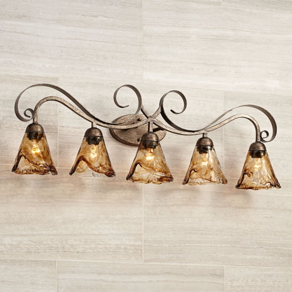 Franklin Iron Works Amber Scroll Wall Light Golden Bronze 37 1/4" 3-Light Fixture Art Glass for Bedroom Bathroom Vanity Reading Living Room Hallway