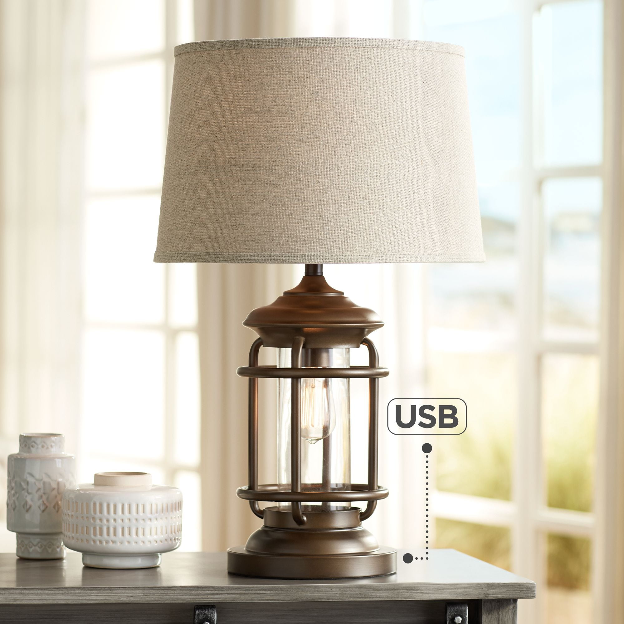 Bronze Industrial Table Lamp with Edison Bulb and USB Port