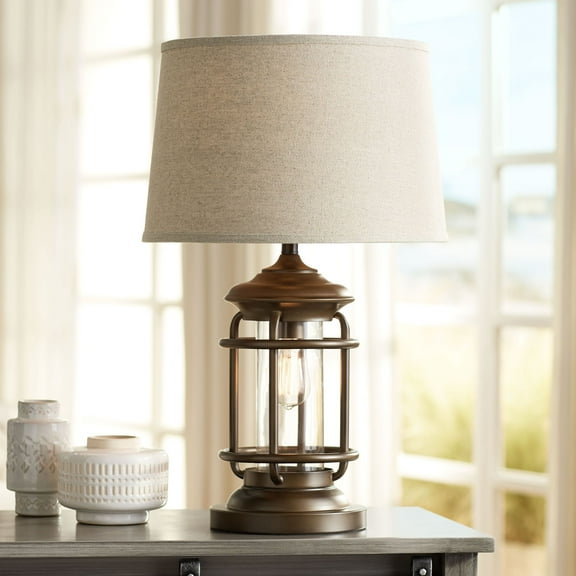 Franklin Iron Works Andreas Industrial Table Lamp 26" High Brown Metal with Nightlight LED and USB Charging Port Oatmeal Shade for Living Room Desk