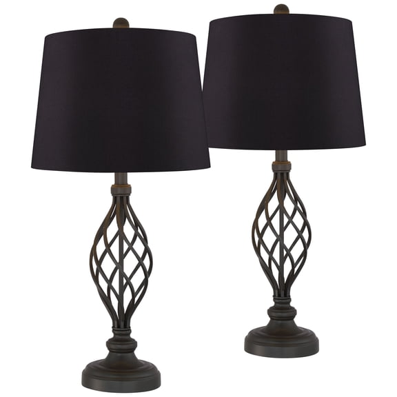 Franklin Iron Works Annie Modern Industrial Table Lamps 28" Tall Set of 2 Bronze Iron Black Faux Silk Drum Shade for Bedroom Living Room Bedside Kids