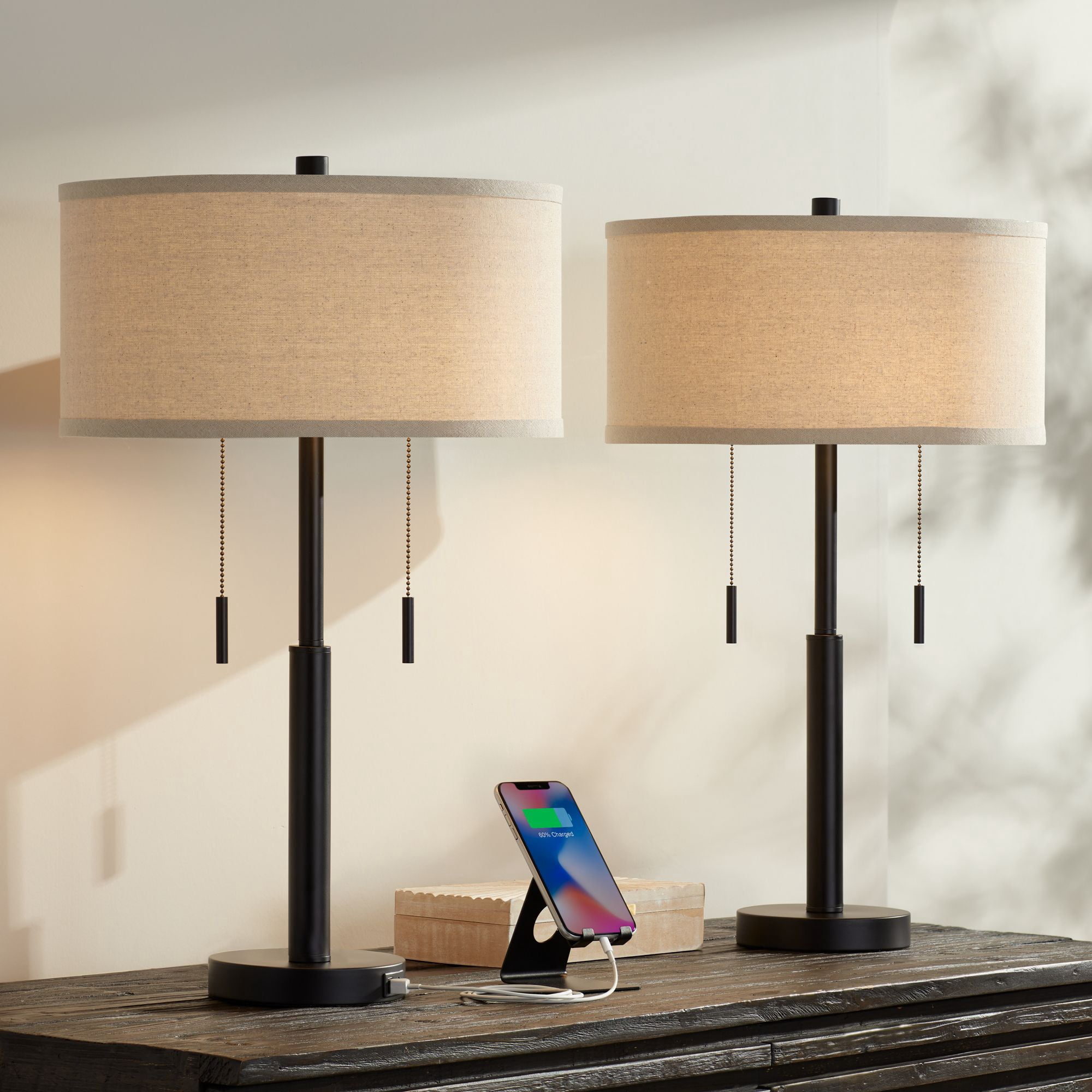 Franklin Iron Works Bernie Industrial Table Lamps 25" High Set of 2 Rich Bronze with USB Charging Port Tan Drum Shade for Bedroom Living Room Bedside