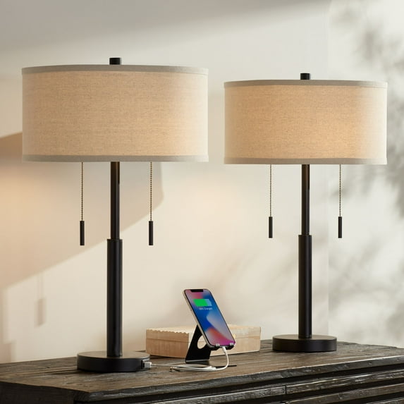Franklin Iron Works Bernie Industrial Table Lamps 25" High Set of 2 Rich Bronze with USB Charging Port Tan Drum Shade for Bedroom Living Room Bedside