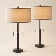 Franklin Iron Works Bernie Industrial Table Lamps 25" High Set of 2 Rich Bronze with USB Charging Port Tan Drum Shade for Bedroom Living Room Bedside