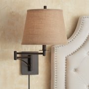 Franklin Iron Works Brinly Farmhouse Rustic Swing Arm Wall Lamp Matte Brown Metal Plug-in Light Fixture Burlap Shade for Bedroom Bedside Living Room