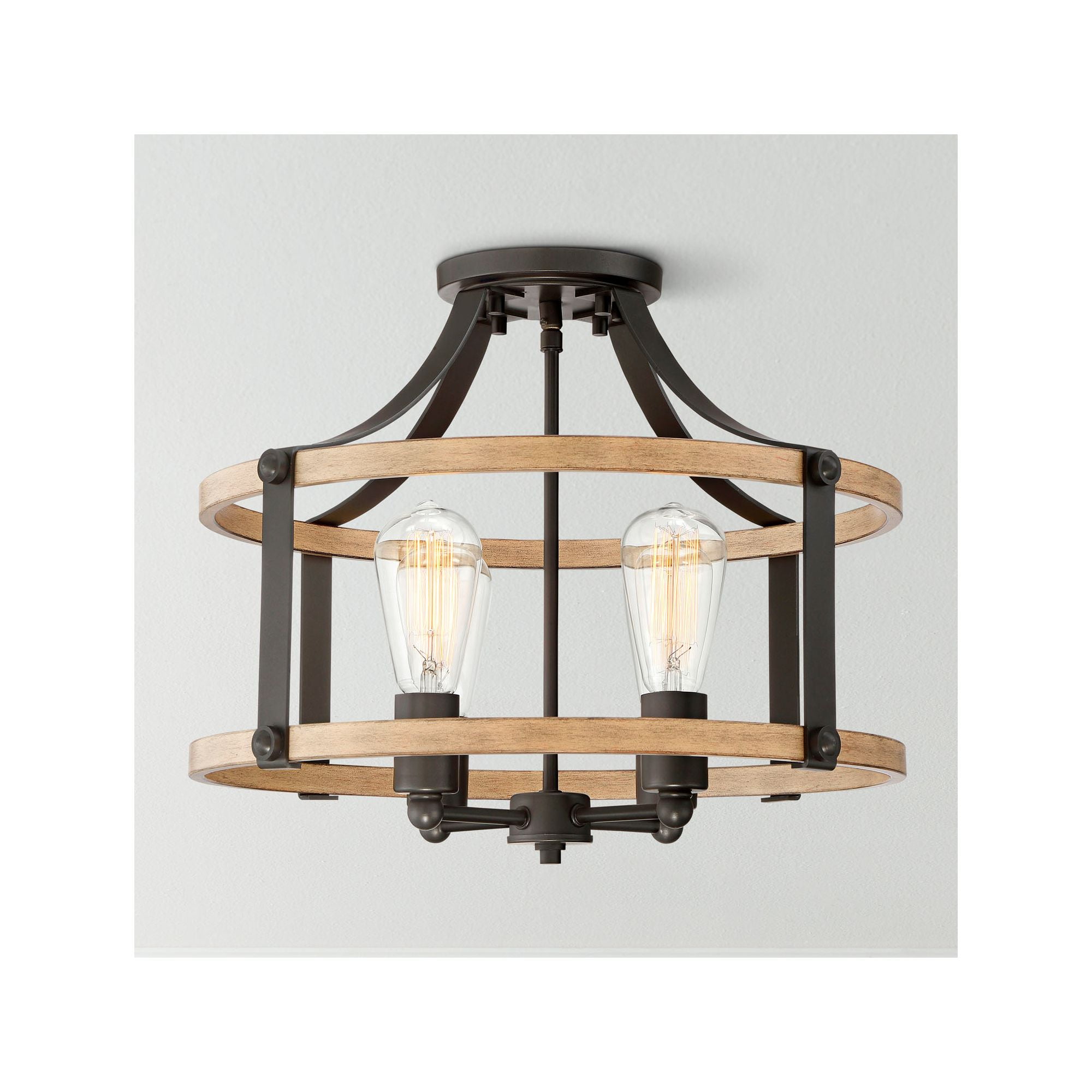 Buford 20" Rustic Farmhouse Black Metal & Faux Wood 4-Light Ceiling Light