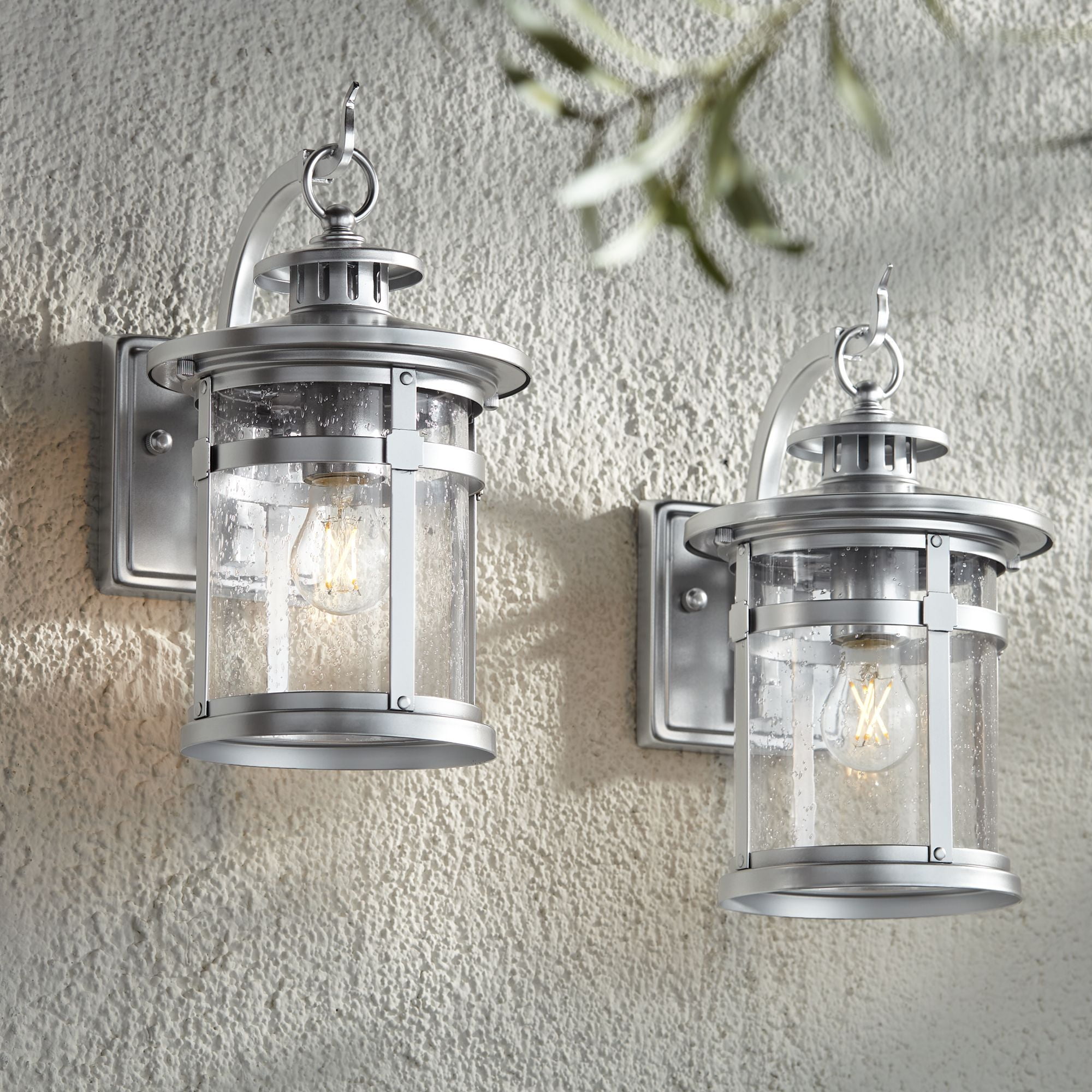 Franklin Iron Works Callaway Modern Industrial Outdoor Wall Light Fixtures Set of 2 Chrome Metal 11 3/4" Clear Seedy Glass for Post Barn