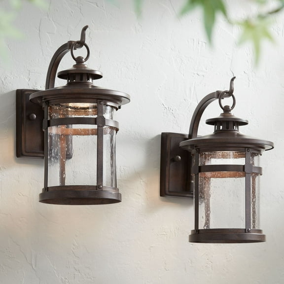 Franklin Iron Works Callaway Rustic Industrial Outdoor Wall Light Fixtures Set of 2 Bronze LED 11 1/2" Clear Seedy Glass for Post Exterior