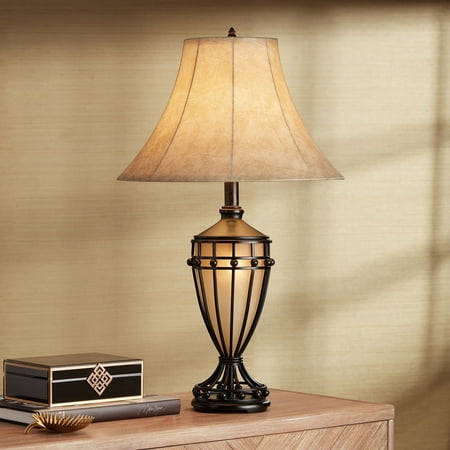 Franklin Iron Works Cardiff Rustic Table Lamp 33" Tall Brushed Iron with Nightlight Beige Fabric Shade for Bedroom Living Room Bedside Nightstand Home