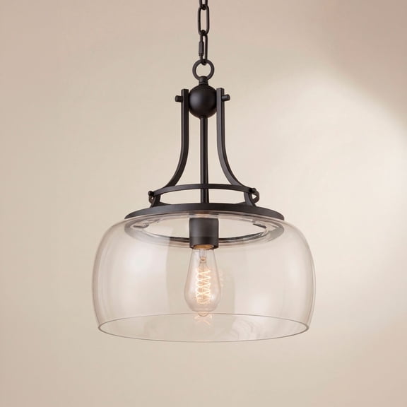 Franklin Iron Works Charleston Black Pendant 13 1/2" Wide Industrial LED Clear Glass Fixture for Dining Room House Kitchen Island