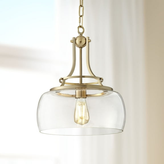 Franklin Iron Works Charleston Brass Pendant Lighting 13 1/2" Wide Modern LED Clear Glass Shade for Dining Room House Foyer Kitchen Island Entryway