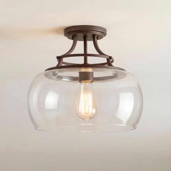 Franklin Iron Works Charleston Industrial Modern Farmhouse Ceiling Light Semi Flush Mount Fixture 13 1/2" Wide Bronze LED Clear Glass for Bedroom Home