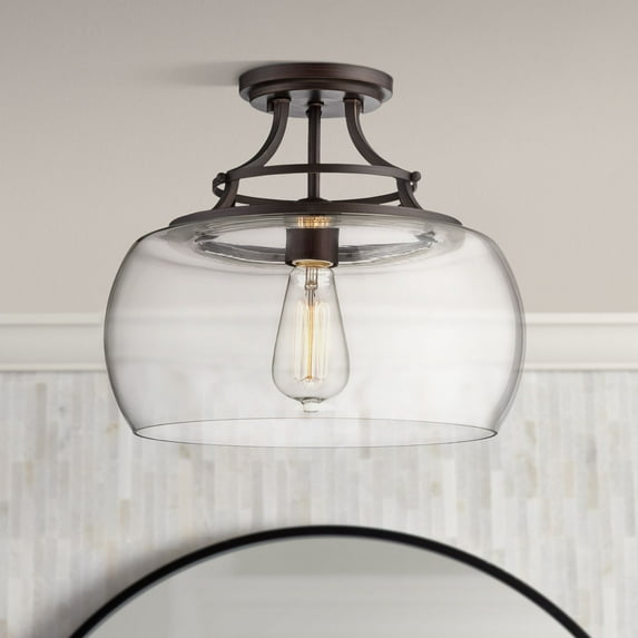 Franklin Iron Works Charleston Industrial Modern Farmhouse Ceiling Light Semi Flush Mount Fixture 13 1/2" Wide Bronze LED Clear Glass for Bedroom Home