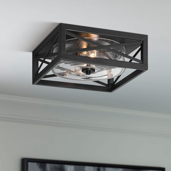 Franklin Iron Works Drake 12" Modern Industrial Flush-Mount Ceiling Light Fixture Kitchen Foyer Round 2-Light Black Seeded Glass