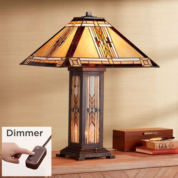 Franklin Iron Works Drake Mission Tiffany Style Table Lamp 25 1/2" High Bronze with Table Top Dimmer Nightlight Stained Glass for Bedroom Living Room