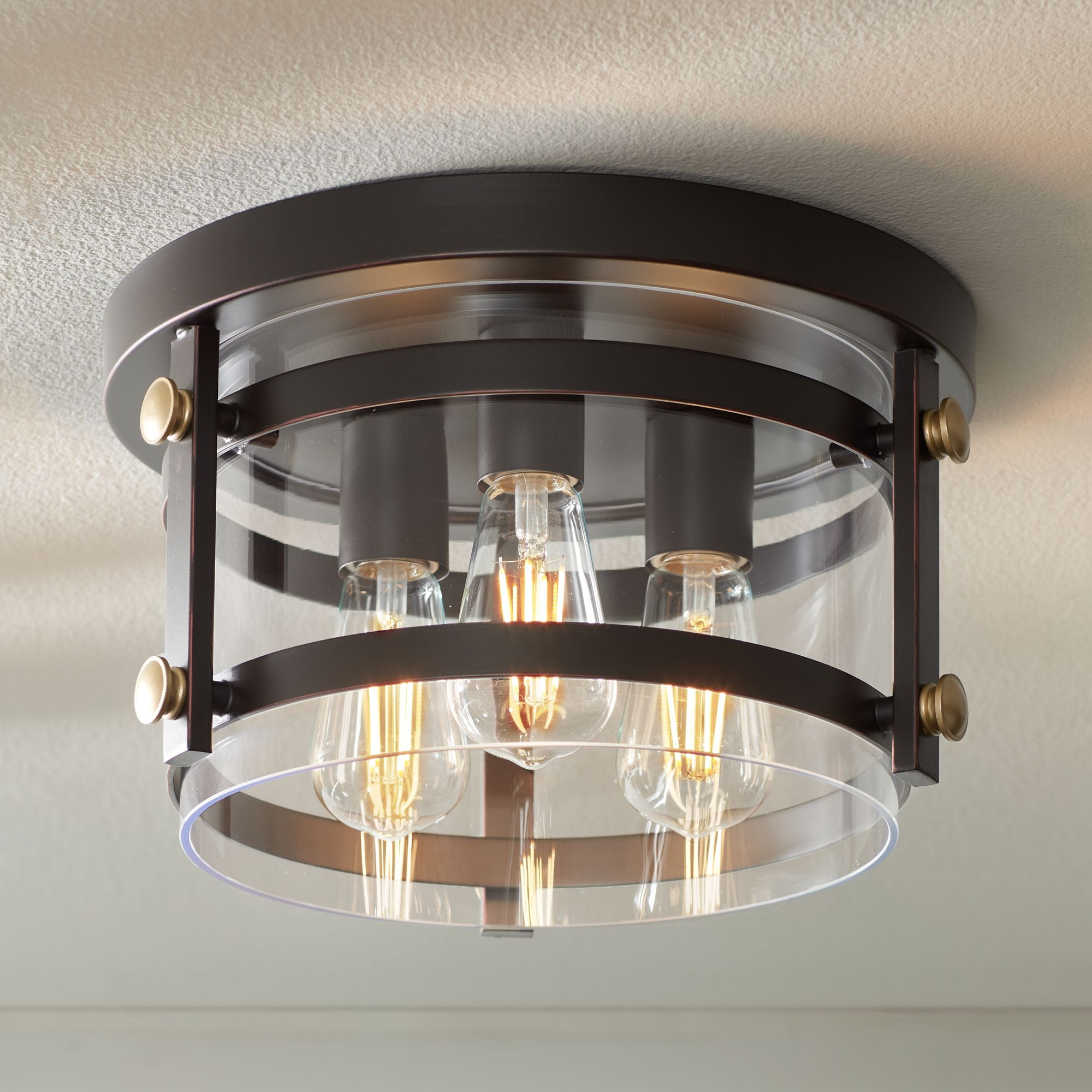 Franklin Iron Works Eagleton Modern Farmhouse Ceiling Light Flush Mount Fixture 13 1/2" Wide Oil Rubbed Bronze 3-Light Clear Glass for Bedroom House