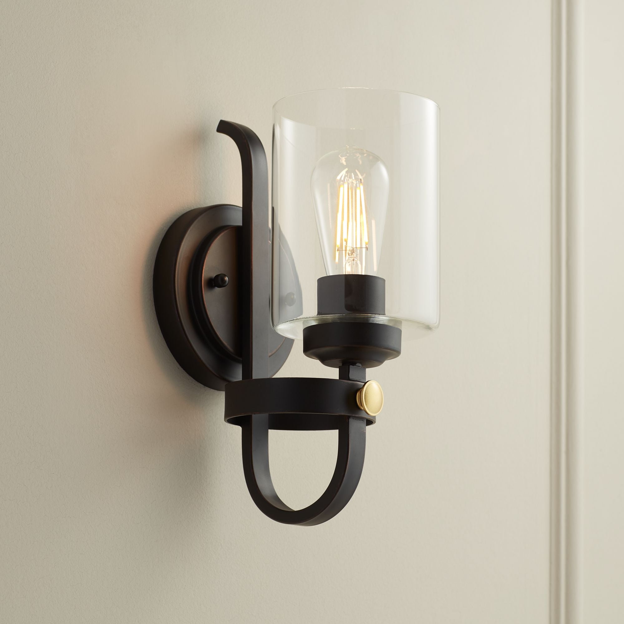 Eagleton Bronze Industrial Wall Sconce with Clear Glass Shade
