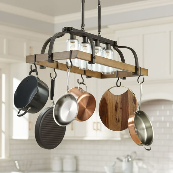 Franklin Iron Works Eldrige Bronze Faux Wood Pot Rack Linear Pendant Chandelier 36 1/2" Wide Rustic Farmhouse Seeded Glass 4-Light for Dining Room