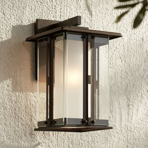 Franklin Iron Works Fallbrook Rustic Farmhouse Outdoor Wall Light Fixture Bronze 13" Clear Frosted Double Glass for Post Exterior Barn Deck House Yard