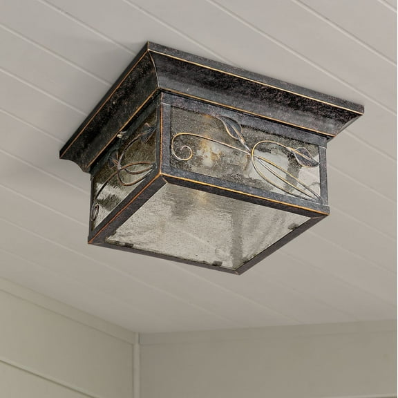 Franklin Iron Works French Garden Rustic Farmhouse Flush Mount Outdoor Ceiling Light Bronze Leaf Vine 11" Clear Seedy Glass for Post Exterior Barn