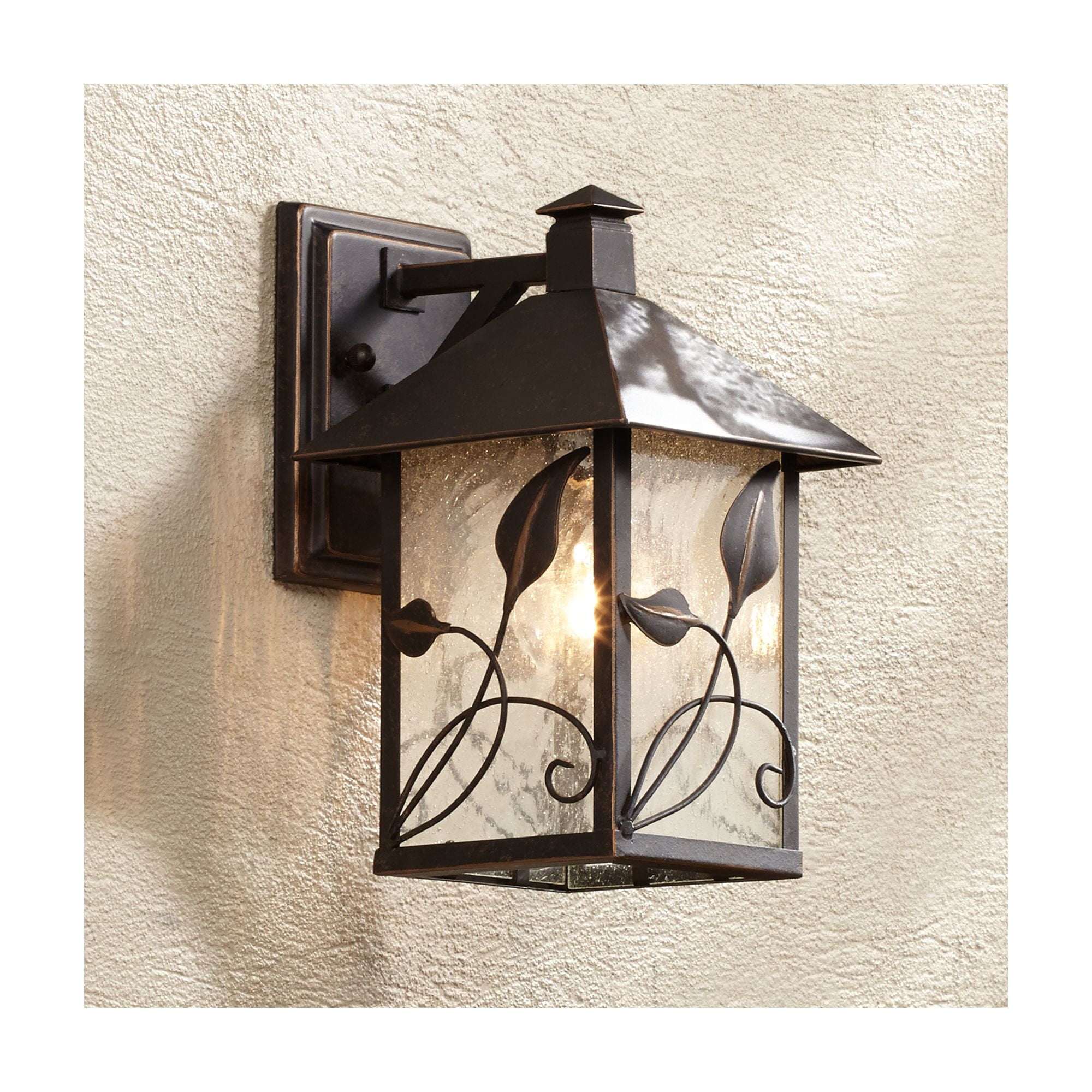 Franklin Iron Works French Garden Rustic Farmhouse Outdoor Wall Light Fixture Bronze Leaf Vine 10 1/2" Clear Seedy Glass for Post Exterior Barn Deck