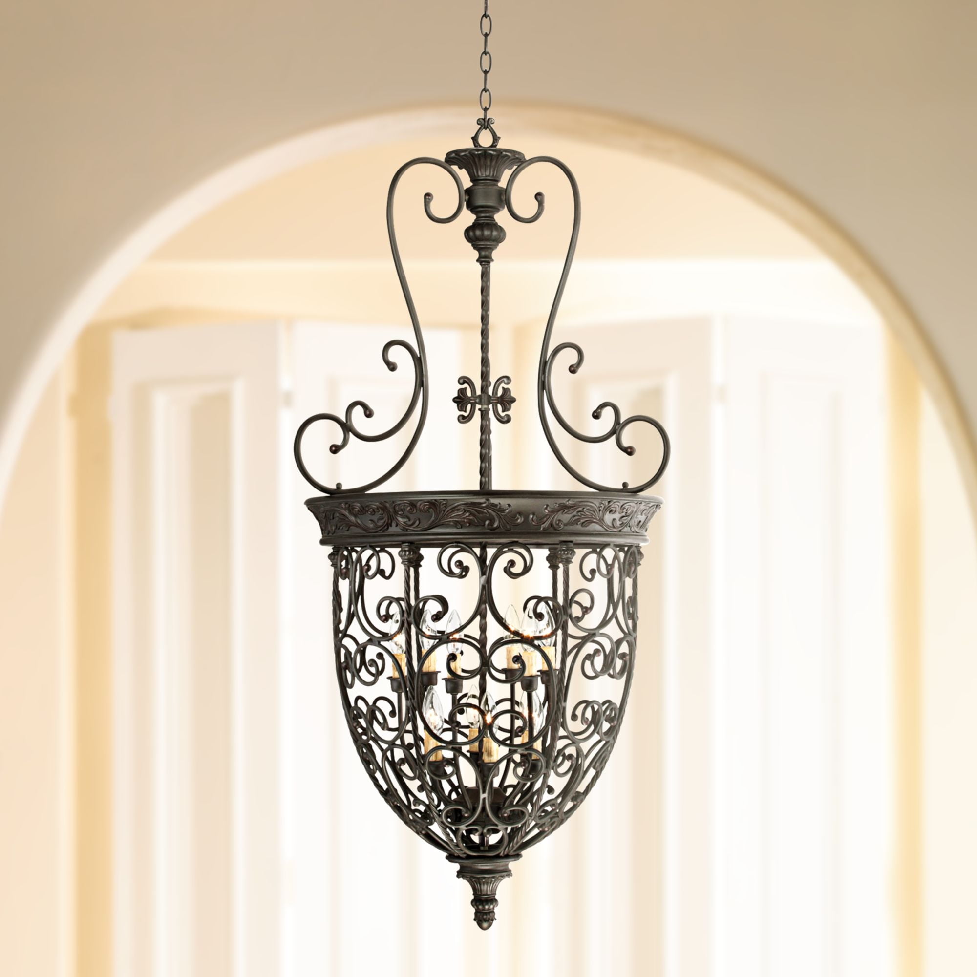 Franklin Iron Works French Scroll Rubbed Bronze Chandelier 27 1 2