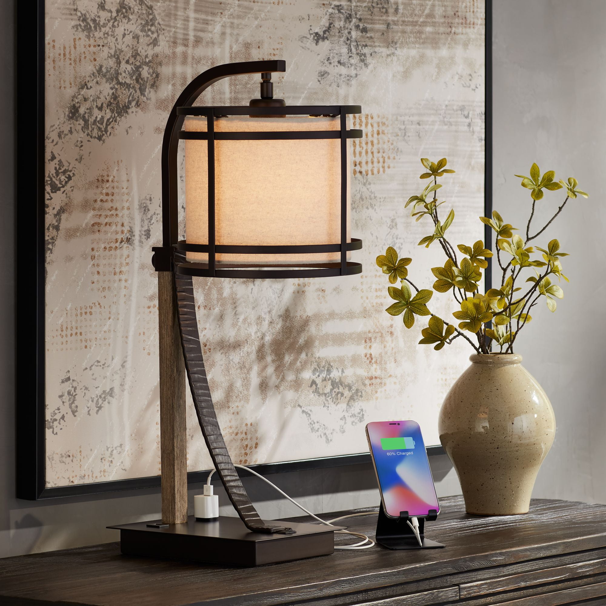 Bronze Industrial Desk Lamp with USB and AC Power Outlet