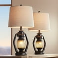 thumbnail image 1 of Franklin Iron Works Horace Rustic Table Lamps 25 1/4" High Set of 2 Brown with Nightlight Miner Lantern Oatmeal Drum Shade for Bedroom Living Room, 1 of 10