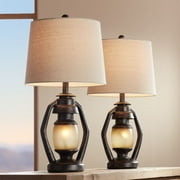 Franklin Iron Works Horace Rustic Table Lamps 25 1/4" High Set of 2 Brown with Nightlight Miner Lantern Oatmeal Drum Shade for Bedroom Living Room