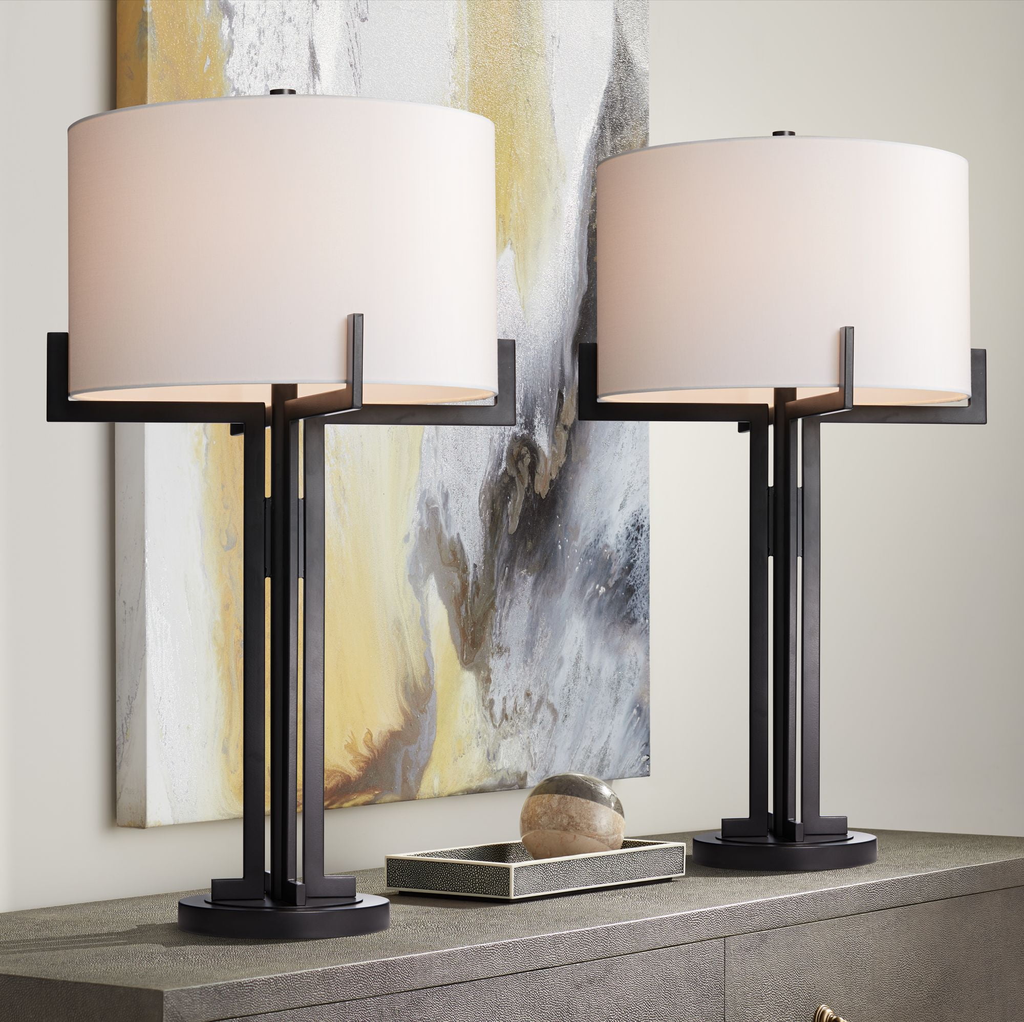 Set of 2 Black Metal Industrial Table Lamps with White Shades